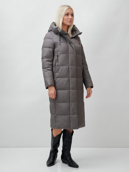 Пальто утепленное стеганное зимнее с капюшоном женское темно-серого цвета 9606TC