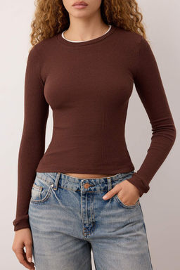 Kahverengi Cift Katl? Bisiklet Yaka Fitilli Esnek Orme Bluz TWOAW26BZ00067