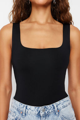 Siyah Fitted/Vucuda Oturan S?rt? Detayl? Kare Yaka C?tc?tl? Esnek Orme Body TWOSS24BD00026