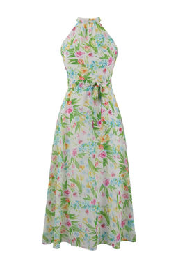 Beyaz Cicek Desenli Kusakl? A Kesim Halter Yaka Astarl? Sifon Ucus Ucus Midi Elbise TWOSS20EL2536