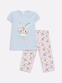 Bisiklet Yaka Bask?l? K?sa Kollu K?z ?ocuk Pijama Tak?m?