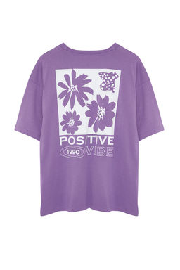 TRENDYOLMILLA Lacivert %100 Pamuk S?rt Bask?l? Oversize/Genis Kal?p Bisiklet Yaka Orme T-Shirt TWOSS23TS00321  фото 31