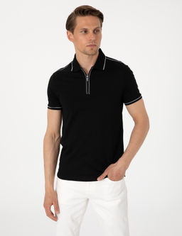 Siyah Slim Fit %100 Pamuk Polo Yaka Merserize Ti__rt
