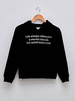 Kap??onlu Bask?l? Uzun Kollu K?z ?ocuk Sweatshirt