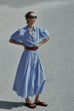 VESTIDO MIDI CON LINO CINTUR?N / Azul