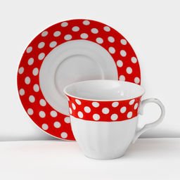 Сервиз чайный керамический на металлической подставке Доляна Горох,13 предметов на подставке: 6 чашек 210 мл, 6 блюдец - d=14 см, чайник 950 мл, цвет красный фото 7