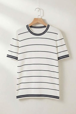 Ekru Regular/Normal Kesim Cizgili Triko T-Shirt TMNSS26TS00021 - Trendyolmilla фото 4