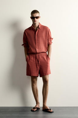 CAMISA RELAXED FIT JACQUARD CUADROS LINO - ALGOD?N / Teja