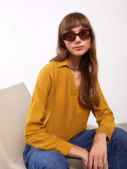 G?mlek Yaka D?z Uzun Kollu Kad?n Bluz