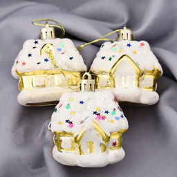 Ёлочные игрушки 3 шт. Домик со звёздами, 5.55 см, бело-золотой - Зимнее волшебство фото 2