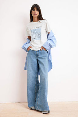 Ekru Cicekli Regular/Normal Kal?p K?sa Kollu Nak?sl? %100 Pamuk Orme T-Shirt TWOSS26TS00074 - Trendyolmilla фото 2