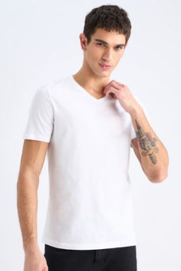 Slim Fit Dar Kesim V Yaka Basic Duz K?sa Kollu Tisort
