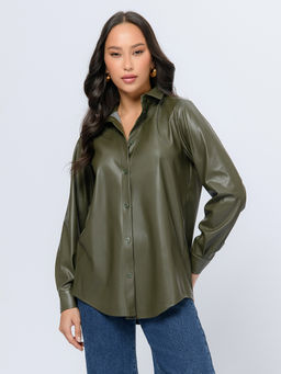 Рубашка цвета хаки из искусственной кожи с длинными рукавами - 1001dress фото 2