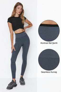 Antrasit Seamless/Dikissiz Kontrast Renk Detayl? Tam Boy Orme Spor Tayt TWOAW23TY00030