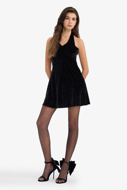 Halter Yaka Ta_l_ Kadife Mini Elbise - Defacto фото 3