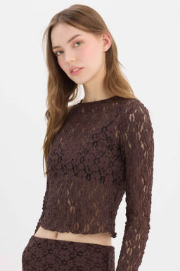 Fitted Dar Kesim Bisiklet Yaka Dantel Uzun Kollu Tisort - Defacto фото 2