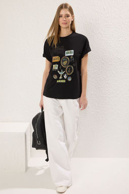 TRENDYOLMILLA Premium Siyah Melanj Bask?l? Oversize/Genis Kal?p Bisiklet Yaka Orme T-Shirt TWOSS23TS00282 фото 15