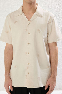 TRENDYOL MAN Ekru Regular Fit K?sa Kollu Nak?sl? Keten Gorunumlu Yazl?k Gomlek TMNSS25GO00025 - Trendyolmilla фото 4