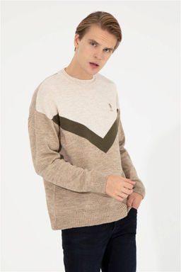 U. S. Polo Assn Мужской светло-коричневый меланжевый трикотажный свитер с круглым вырезом - U.s. polo assn фото 9