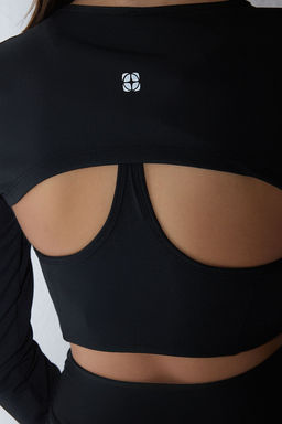 Trendyolmilla Siyah Dalg?c/Scuba Kumas Reflektor Bask?l? Super Crop Orme Spor Ust/Bluz THMSS25BZ00007