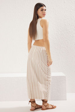 Bej Keten Gorunumlu Kumas Cizgili Buzgu Detayl? Midi Boy Dokuma Etek TWOSS25ET00051