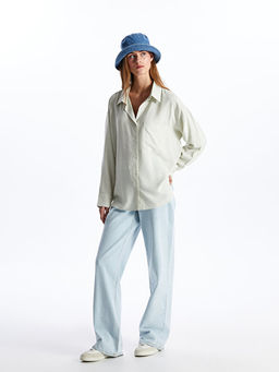 ?izgili Uzun Kollu Oversize Keten Kar???ml? Kad?n G?mlek