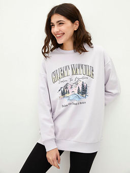 Bisiklet Yaka Bask?l? Uzun Kollu Kad?n Sweatshirt