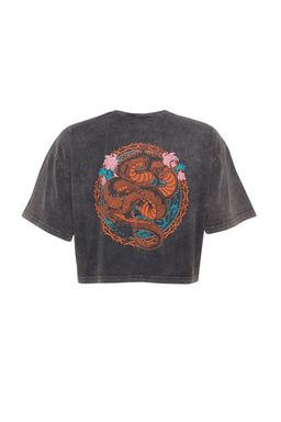 TRENDYOLMILLA Antrasit %100 Pamuk Soluk Efektli S?rt Bask?l? Relaxed Crop Orme T-Shirt TWOSS23TS00116  фото 16