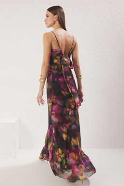 TRENDYOLMILLA Cok Renkli A-Kesim Fiyonklu Astarl? Sifon Dokuma Uzun S?k Abiye & Mezuniyet Elbise TPRSS25AE00152  фото 14