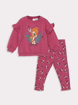 Bisiklet Yaka Uzun Kollu Bambi Bask?l? K?z Bebek Sweatshirt ve Tayt 2li Tak?m