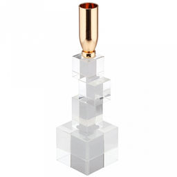 Подсвечник стеклянный "Кубизм" h22см, чаша металл д2,4см, h2см, отвинчивающаяся, основание 5,8х5,8см, прозрачный/золотой, в коробке (Китай)