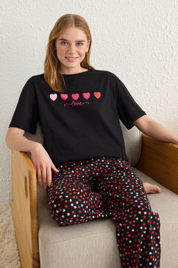 Trendyolmilla Siyah %100 Pamuklu Kalpli ve Sloganl? Orme Pijama Tak?m? THMSS25PT00167