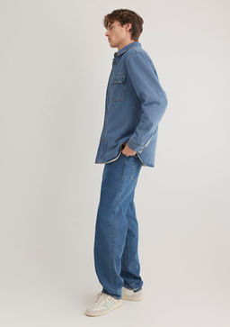 Jeremy Classic Denim Suni Kurklu Indigo Mavisi Jean Gomlek  фото 3