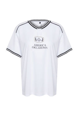 TRENDYOLMILLA Pembe Slogan Bask?l? Oversize/Genis Kesim V Yaka Orme T-Shirt TWOSS24TS00112 фото 8