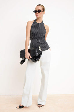 Siyah Beyaz Cizgili Boyundan Baglamal? Dokuma Yelek TWOSS26YE00020 - Trendyolmilla фото 2