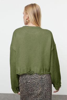 Haki Crop Genis Kal?p Yumusak Dokulu Ak?tma Detayl? Triko Kazak TWOAW24KZ00319