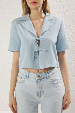 TRENDYOLMILLA Ac?k Mavi Keten K?sa Kollu Baglama Detayl? Dokuma Blazer Ceket TWOSS25BC00027  фото 7