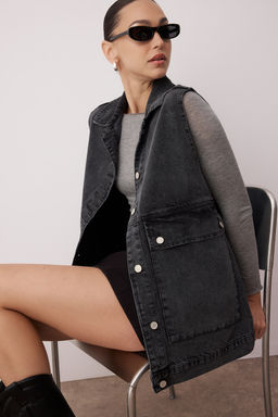 Antrasit Gomlek Yaka Cep Detayl? %100 Pamuk Denim Yelek Ceket TCTAW22CK0006