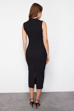 Siyah Vucuda Oturan Parlak Tasl? Yaka Detayl? Dokuma S?k Abiye Elbise TPRSS24EL00203 - Trendyolmilla фото 6