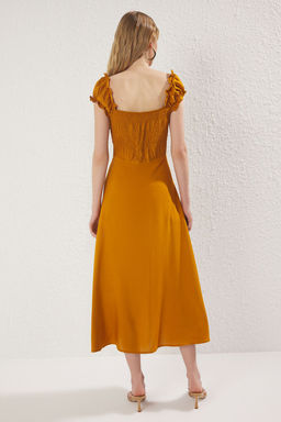 Kiremit A Kesim Yakas? Lastik Detayl? Midi Dokuma Elbise TWOSS25EL00632 - Trendyolmilla фото 5