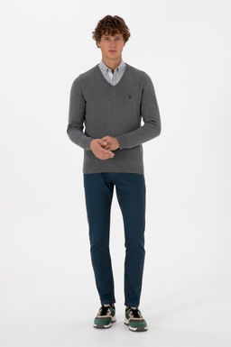 Erkek Slim Fit V Yaka Gri Melanj Basic Triko Kazak - U.s. polo assn фото 4