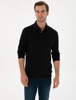Siyah Regular Fit Ka_mir Kar___ml_ Polo Yaka Sweatshirt