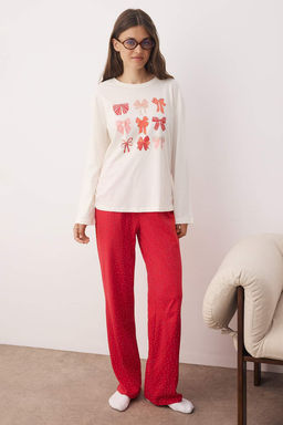 Beyaz %100 Pamuklu Kurdele/Fiyonklu ve Puantiyeli Orme Pijama Tak?m? THMAW26PT00053 - Trendyolmilla фото 2