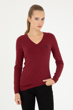 Женский бордовый базовый свитер с v-образным вырезом Неожиданная скидка в корзине