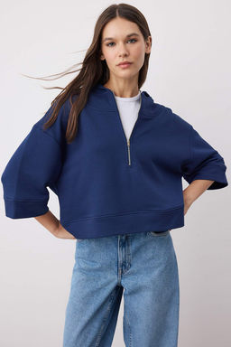 Lacivert Kapusonlu Fermuar Detayl? Truvakar Kol Kal?n Orme Sweatshirt TWOAW26SW00024