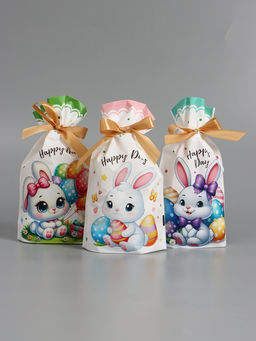 Цена за 50 шт. Пакет  полиэтиленовый подарочный "Заяц с цветами", с завязками, 15х23±1 см