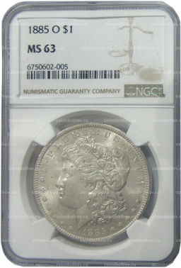 1 доллар 1885 года О США Доллар Моргана (в слабе NGC MS 63)