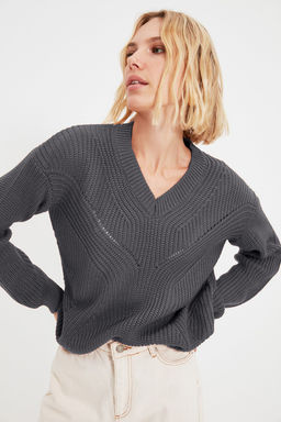 Bordo Ajurlu/Delikli V Yaka Triko Kazak TWOAW21KZ0690 - Trendyolmilla фото 16