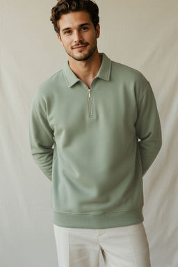 Ac?k Haki Oversize/Genis Kesim Fermuarl? Polo Yaka Sardonsuz Sweatshirt TMNAW25SW00111