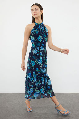 Lacivert Cicek Desenli A Kesim Halter Yaka Astarl? Midi Dokuma Elbise TWOSS19LJ0200